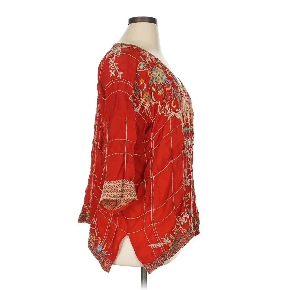 Johnny Was Sienna Shirt Top XL Cayenne Heavily Embroidered Side Slits Relaxed - Picture 4 of 8